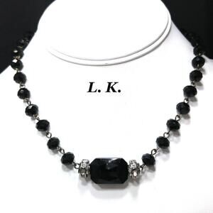 Black Lucite Beads & Clear Rhinestones Pendant Necklace, 18 Inches, Signed LK